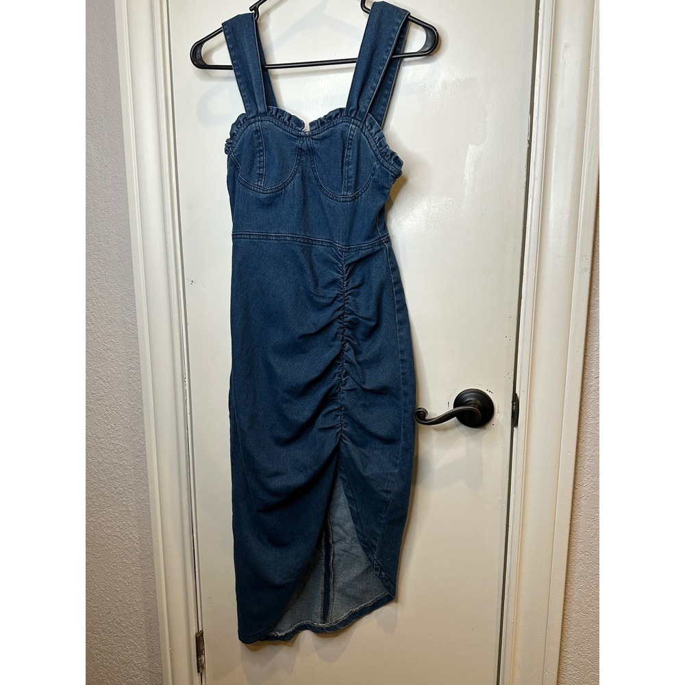 SHEIN Denim Ruched Bodycon Midi Dress Medium Wash Ruffle Bustier XS 2